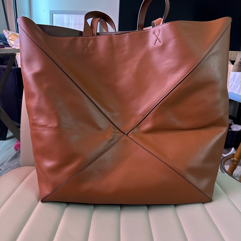 Oversized Cognac Brown Genuine Leather Tote Bag | Minimalist Shoulder Bag